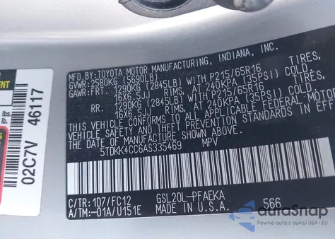 2010 Toyota Sienna Le из США, поврежденный, VIN 5TDKK4CC6AS335469